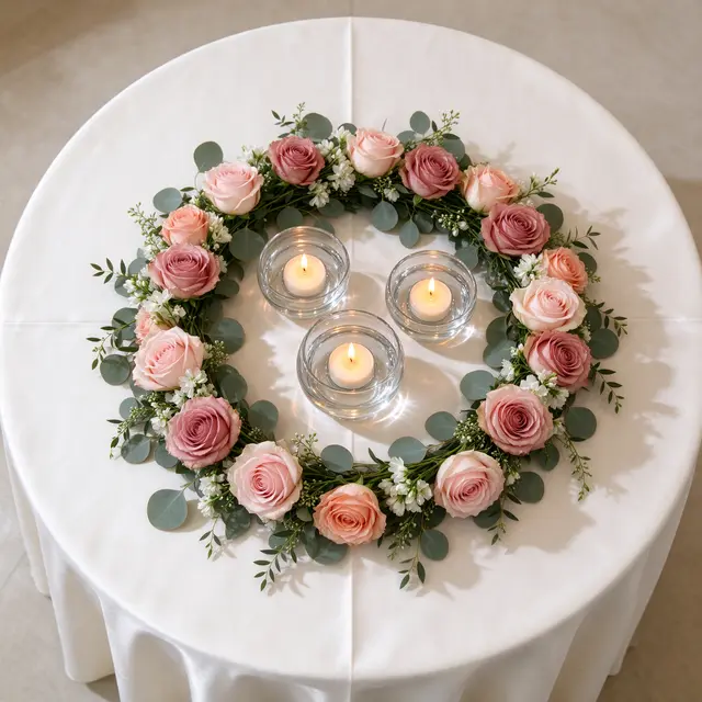 Overhead view of a round white table with a blush rose wreath and floating tealight candles.