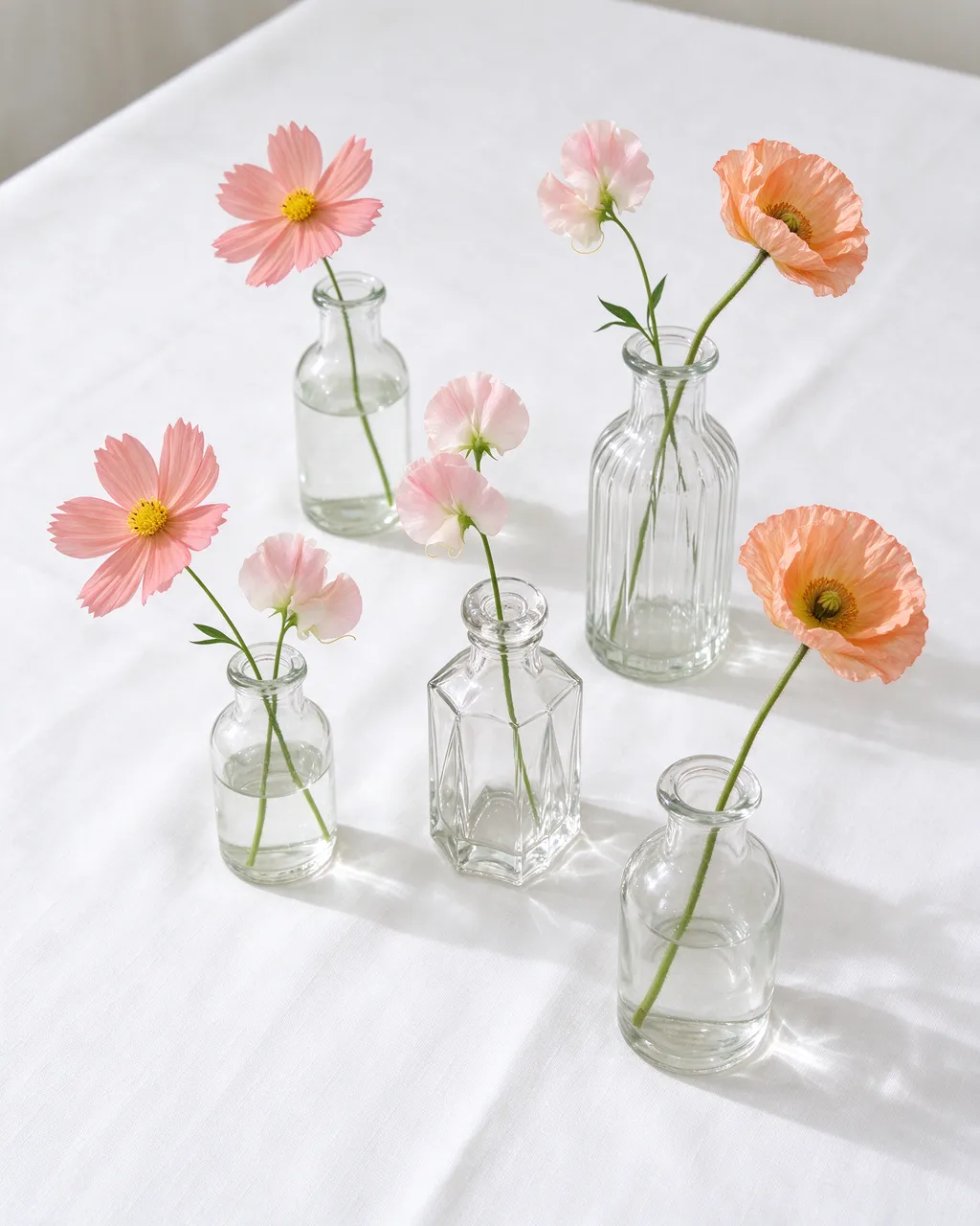 Small glass bud vases holding cosmos, sweet pea and poppy stems sit on a white linen tablecloth