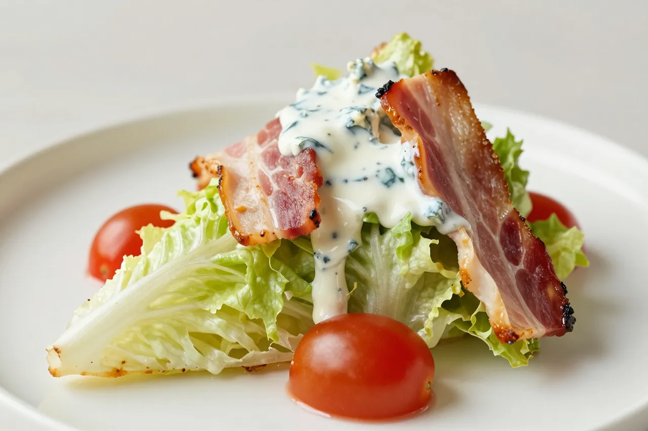 A close-up of a wedge iceberg salad topped with blue cheese dressing, crispy bacon and cherry tomatoes on a white plate.