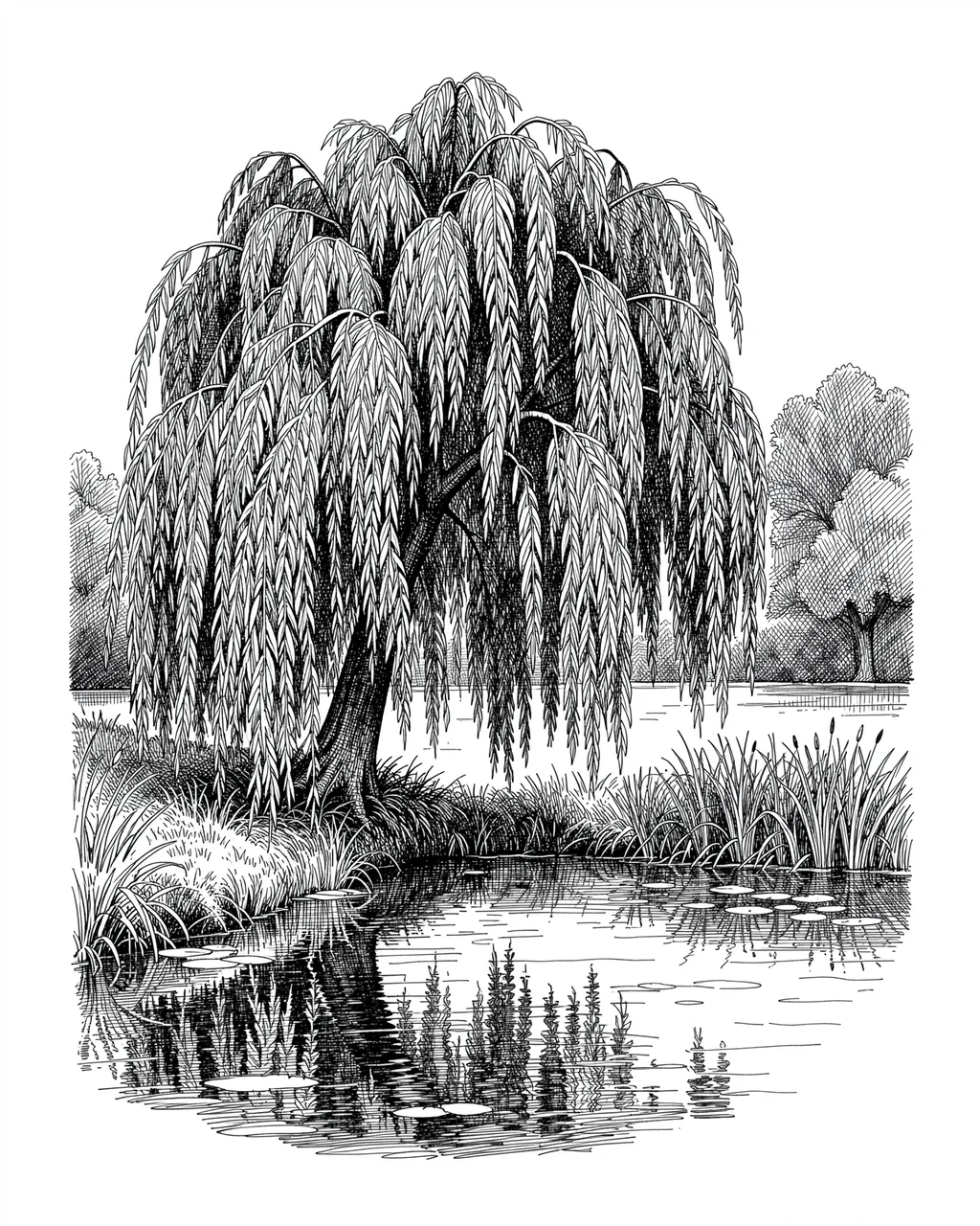 Pen and ink cross-hatching drawing of a weeping willow growing at the edge of a calm pond with lily pads and reeds