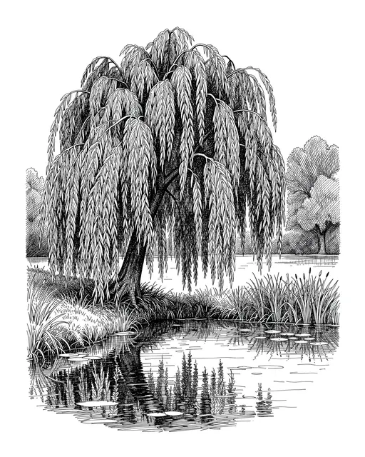 Pen and ink cross-hatching drawing of a weeping willow growing at the edge of a calm pond with lily pads and reeds