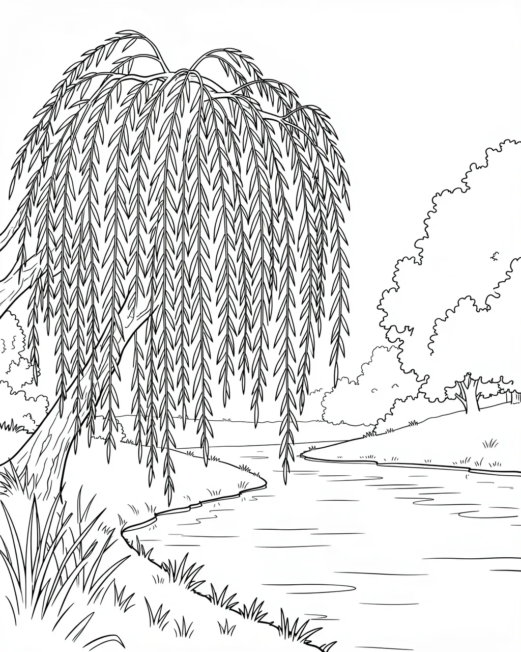 Black and white line art of a weeping willow leaning over a calm riverbank with distant trees