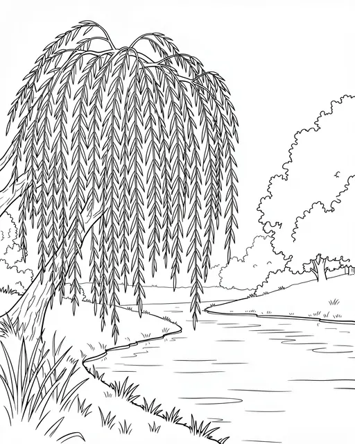Black and white line art of a weeping willow leaning over a calm riverbank with distant trees