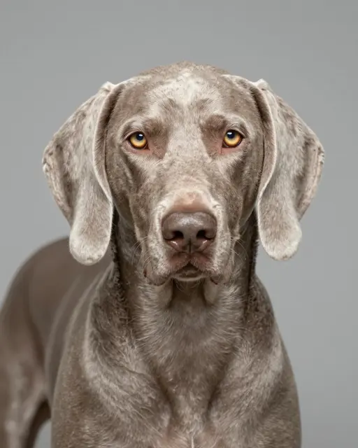 Close-up studio portrait of a silver Weimaraner with amber eyes looking directly at the camera