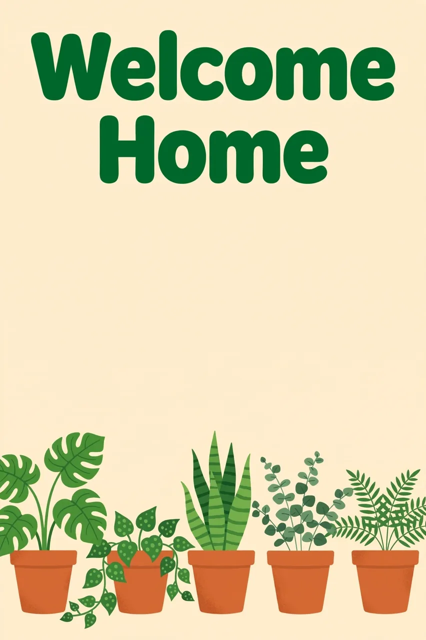 "Welcome Home" text above a row of leafy houseplants in terracotta pots on a warm cream background