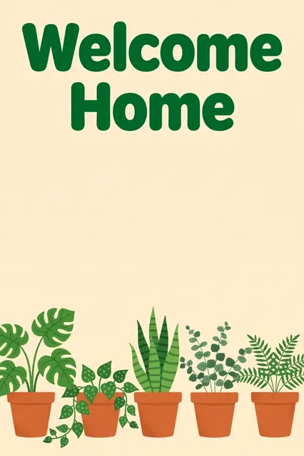 "Welcome Home" text above a row of leafy houseplants in terracotta pots on a warm cream background