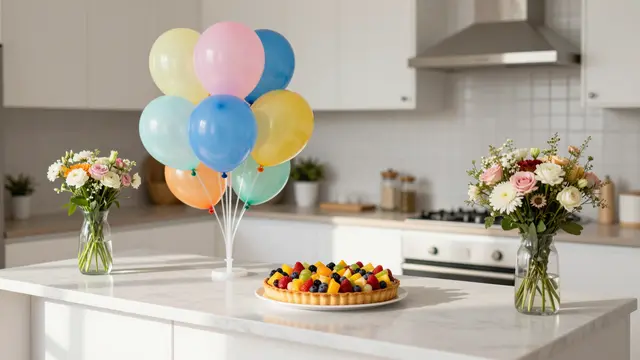 Sunlit kitchen island holds a pastel balloon bouquet, fresh fruit tart, and flower arrangements for a welcome party.