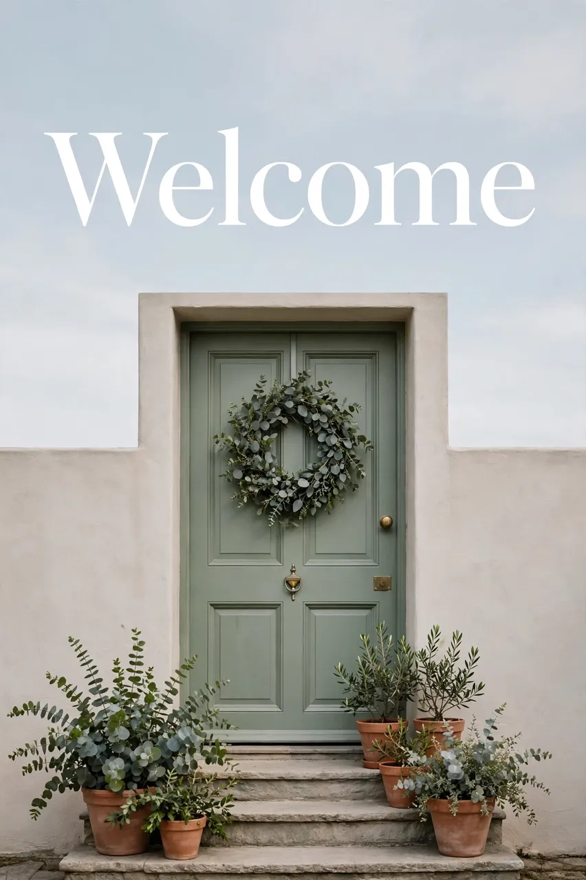 The word "Welcome" in white serif text sits above a sage green front door with eucalyptus wreath and potted steps.