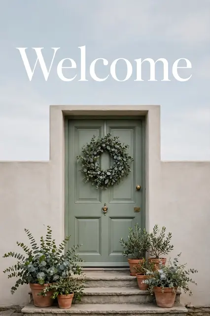 The word "Welcome" in white serif text sits above a sage green front door with eucalyptus wreath and potted steps.