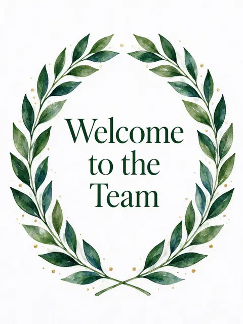 "Welcome to the Team" in dark green serif type centered inside a watercolor green laurel wreath with small gold dot accents