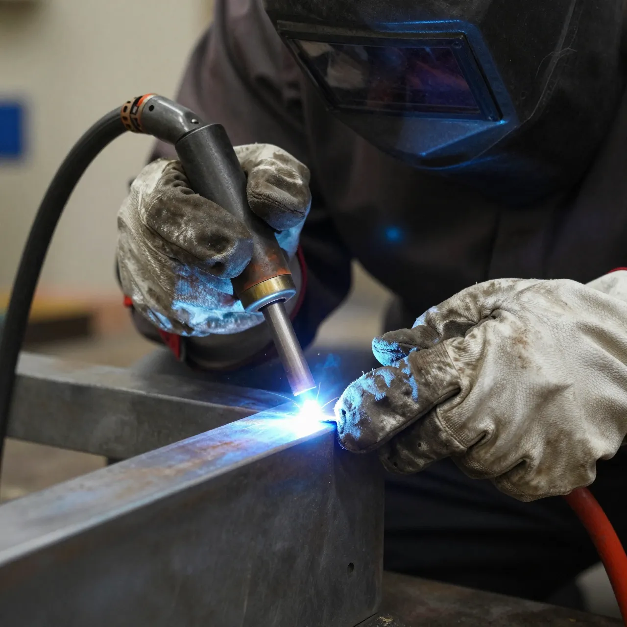 Close-up of a welder's gloved hands guiding a TIG torch that emits a blue arc along a steel joint.