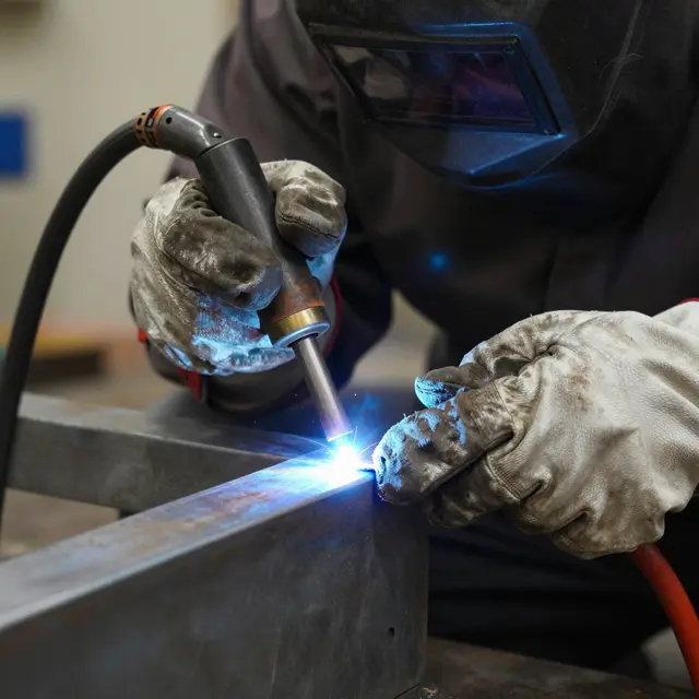 Close-up of a welder's gloved hands guiding a TIG torch that emits a blue arc along a steel joint.