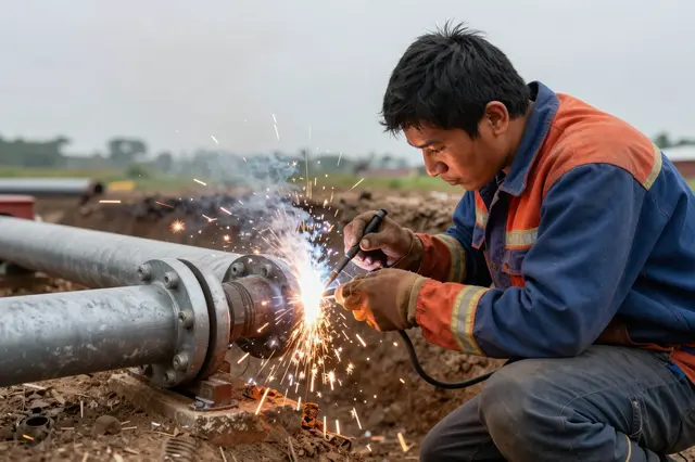 A worker crouches in a trench welding a metal pipeline joint as sparks fly under an overcast sky