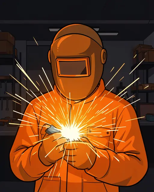 A faceless welder in an orange welding helmet creates bright sparks while working in a dark workshop