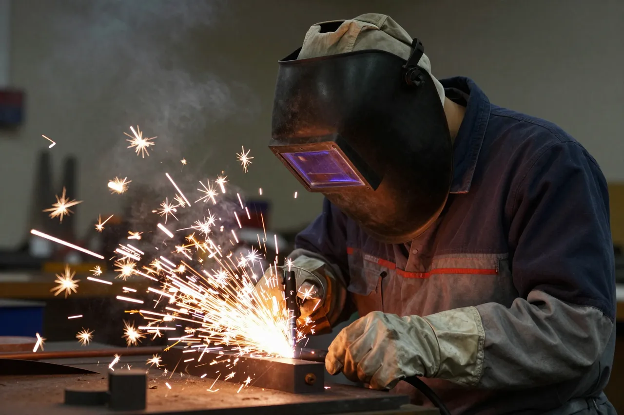 A welder wearing a protective helmet generates bright orange sparks while welding metal in a dim workshop