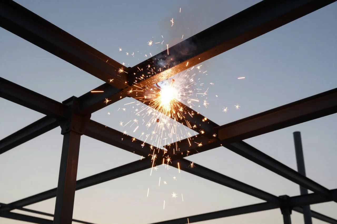 Falling welding sparks fly from a high steel building frame viewed from below at dusk