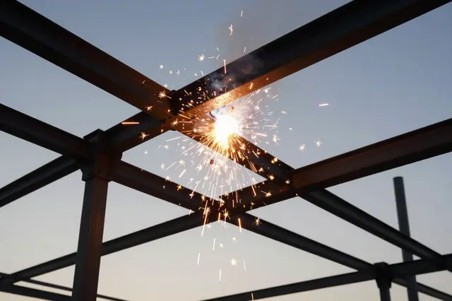 Falling welding sparks fly from a high steel building frame viewed from below at dusk