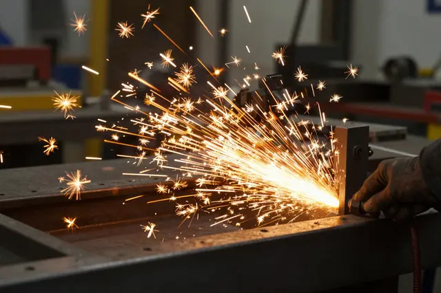 Bright orange sparks spray outward as a gloved worker grinds metal on a workshop workbench