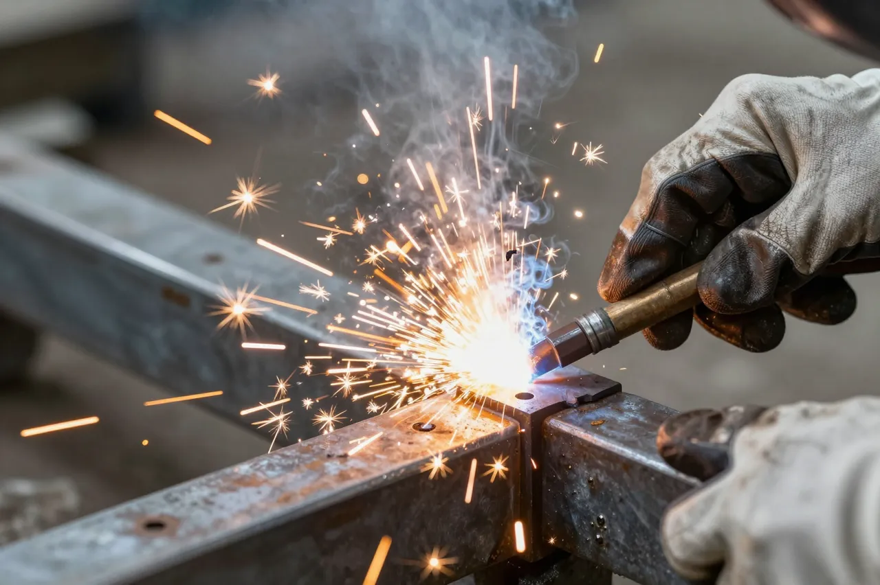 Close-up of gloved hands welding a steel frame joint as bright sparks fly outward.