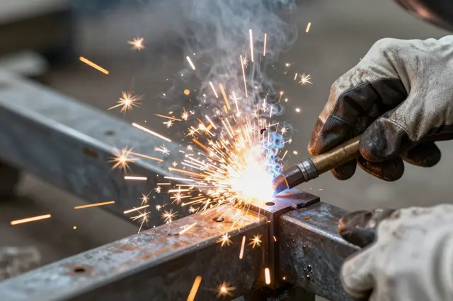 Close-up of gloved hands welding a steel frame joint as bright sparks fly outward.