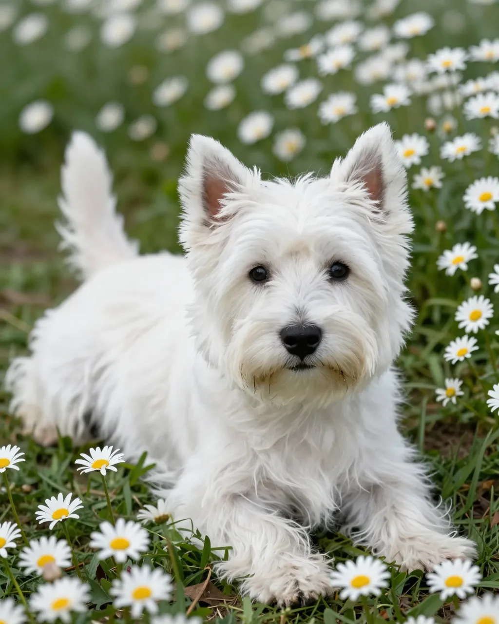 Fluffy white West Highland White Terrier lies resting in a field of blooming garden daisies.