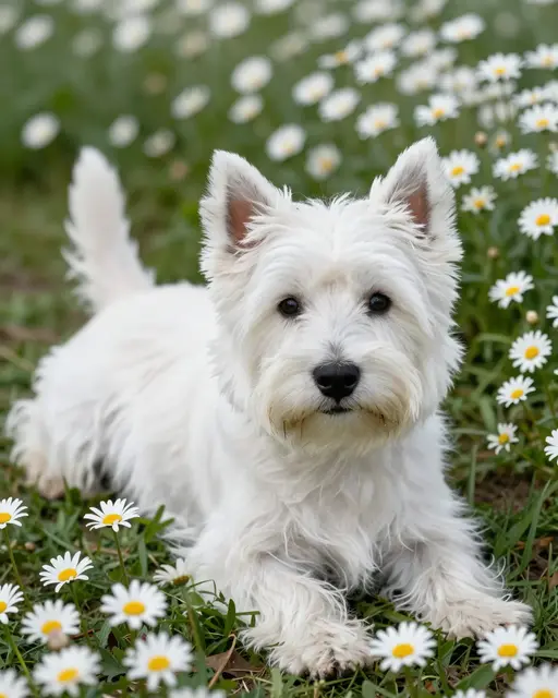 Fluffy white West Highland White Terrier lies resting in a field of blooming garden daisies.