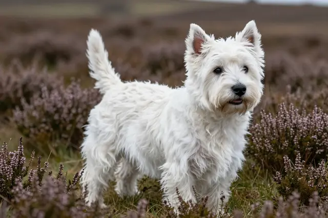 A fluffy white west highland white terrier stands among purple heather on an open moorland hillside.