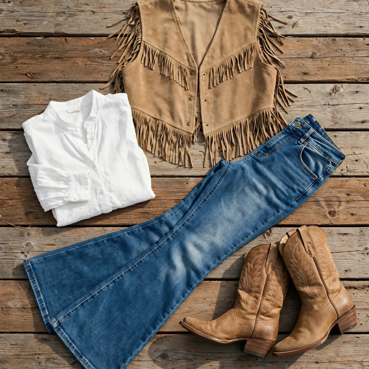 Overhead flat lay of western clothing arranged on weathered wooden planks