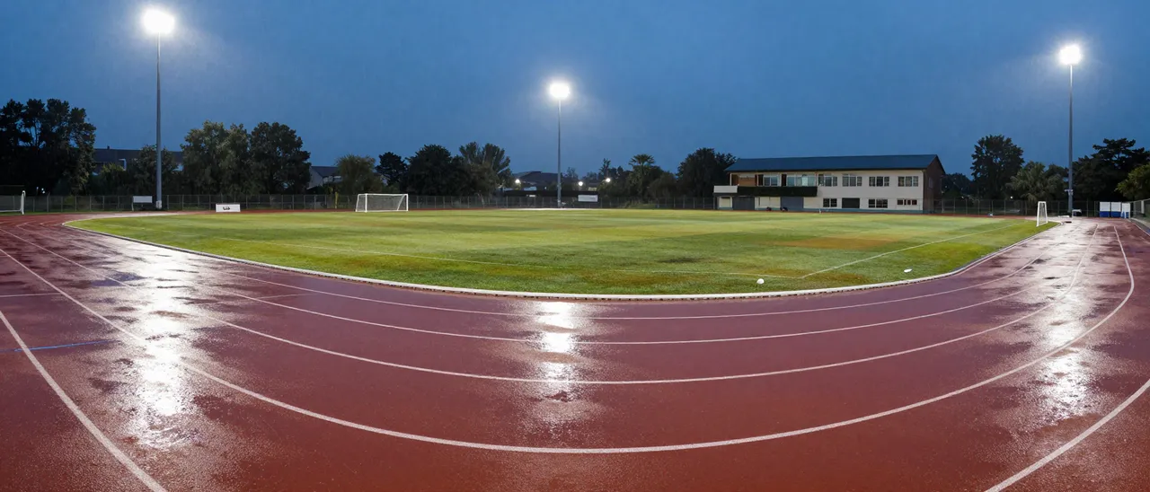 Empty rain-soaked running track with floodlight reflections at blue hour dusk