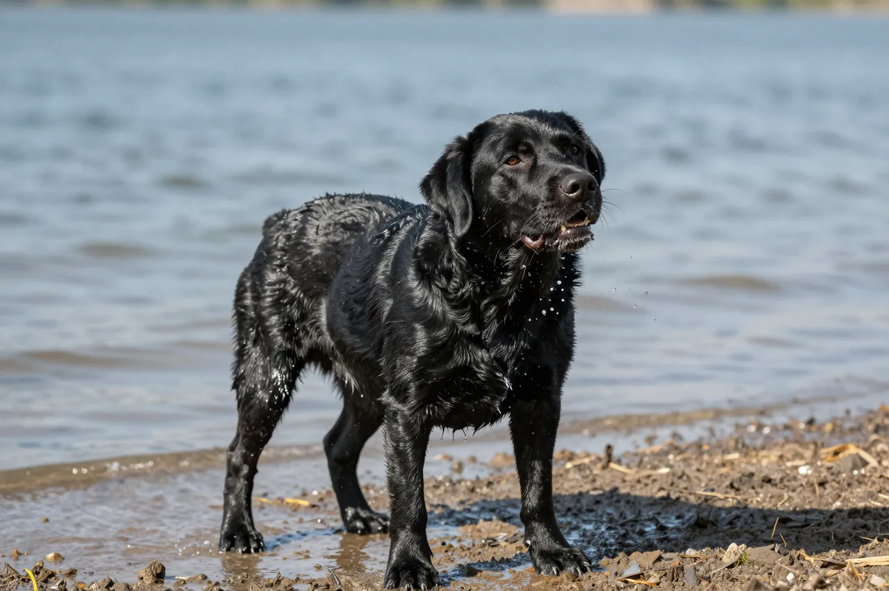 A wet black Labrador retriever stands on a muddy lakeshore, water droplets flying from its shaking coat.