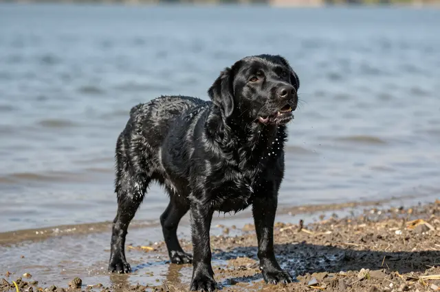 A wet black Labrador retriever stands on a muddy lakeshore, water droplets flying from its shaking coat.