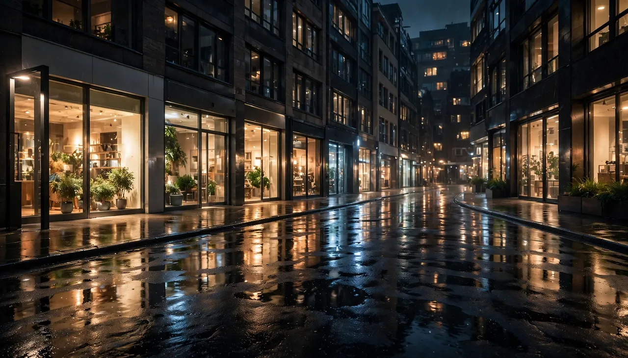 Curved city street after rain at night with glowing shop windows reflecting on wet pavement