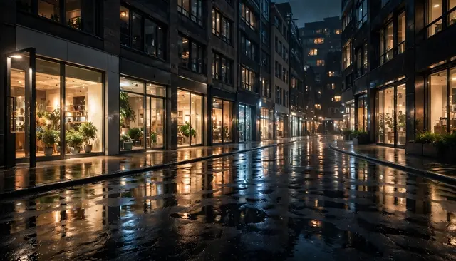 Curved city street after rain at night with glowing shop windows reflecting on wet pavement