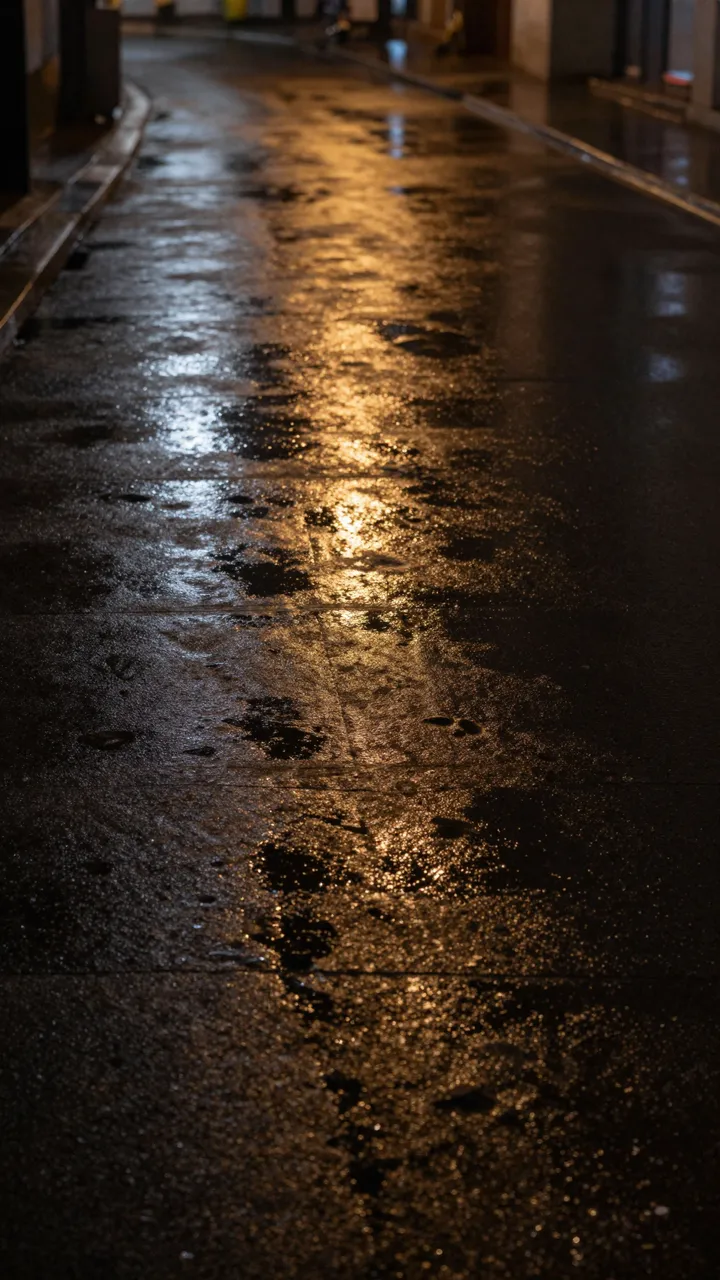 Glowing warm light reflections stretch across dark wet asphalt on a quiet curved city street at night