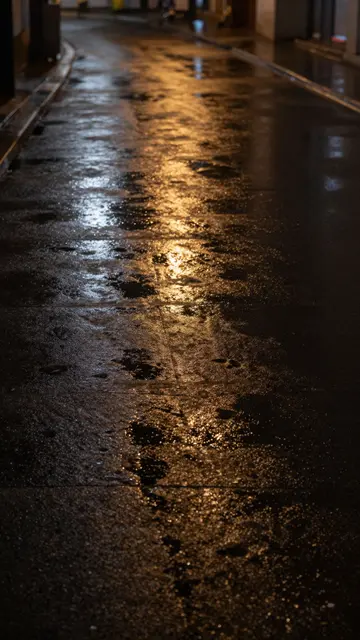 Glowing warm light reflections stretch across dark wet asphalt on a quiet curved city street at night
