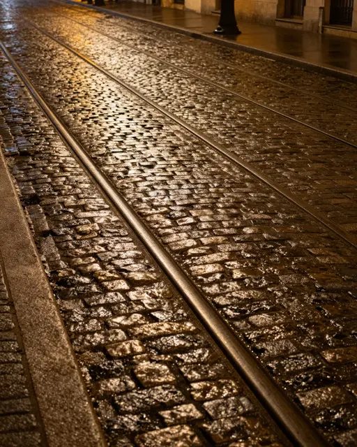 Gleaming metal tram tracks run along a rain-soaked cobblestone street lit by warm night lighting