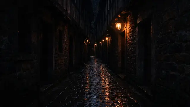 Narrow historic cobblestone alley at night glowing with warm lantern light on wet stone