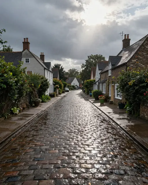 Sun breaks through storm clouds over a glistening wet cobblestone village street lined with cottages and greenery