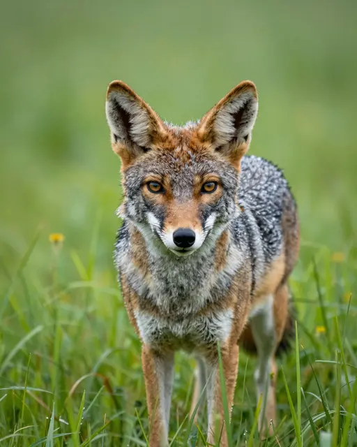 A coyote with damp fur and amber eyes stands alert in tall green grass after rain.