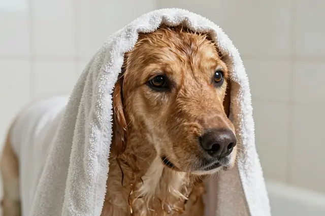 A wet golden retriever dog with a white towel draped over its head after a bath in a bathroom