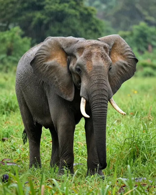 An old elephant with curved tusks stands in tall green grass during light rainfall