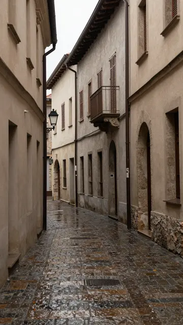 Narrow old European cobblestone alley glistens after rain beneath overcast skies