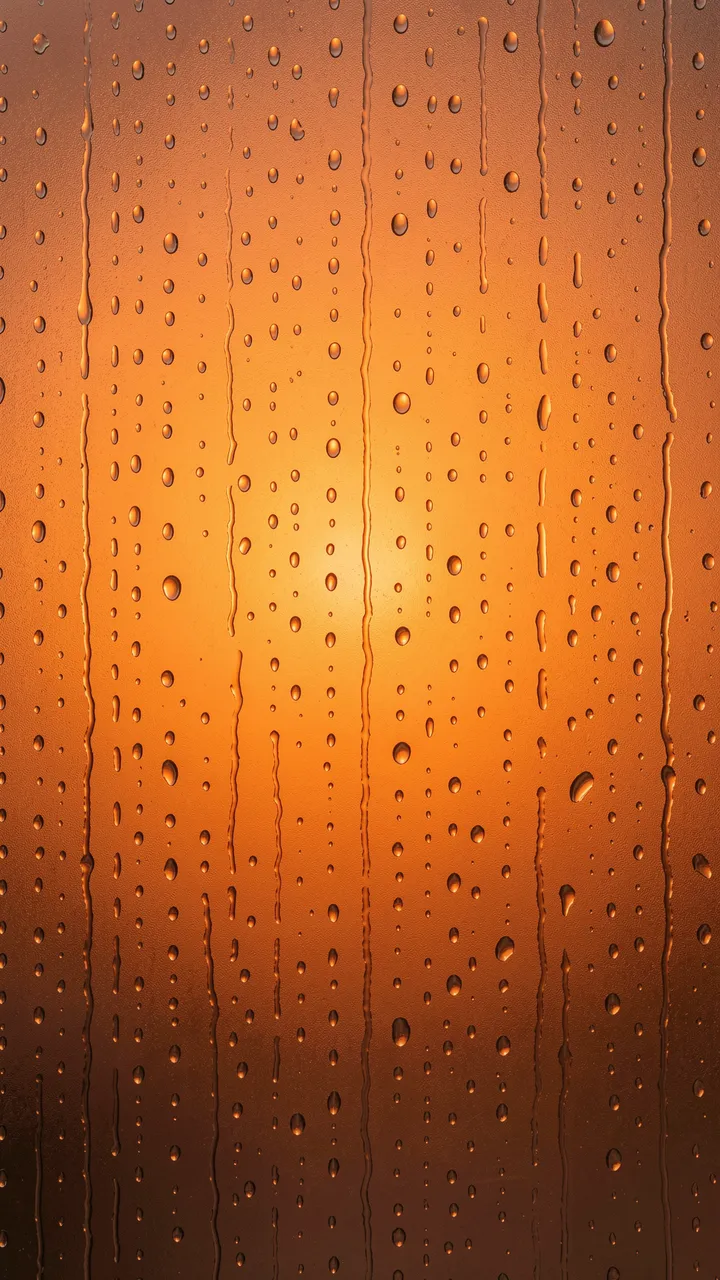 Water droplets and running condensation streaks cover frosted glass with a soft warm orange gradient behind.