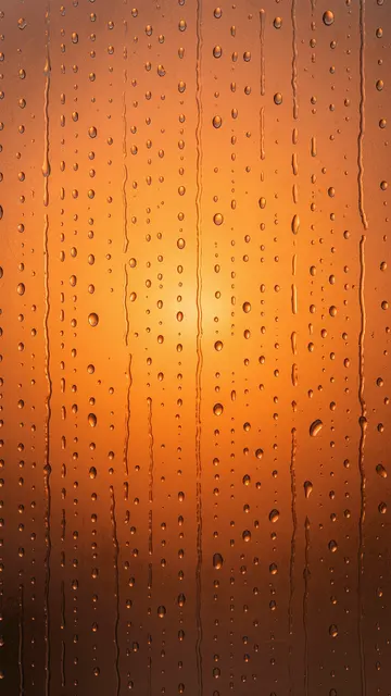 Water droplets and running condensation streaks cover frosted glass with a soft warm orange gradient behind.