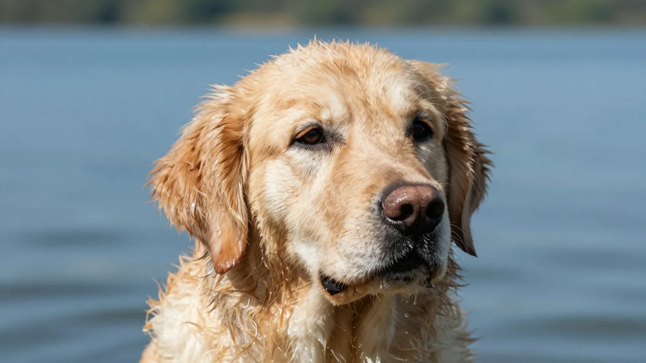 Close-up portrait of a wet golden retriever with a blurred blue lake behind it