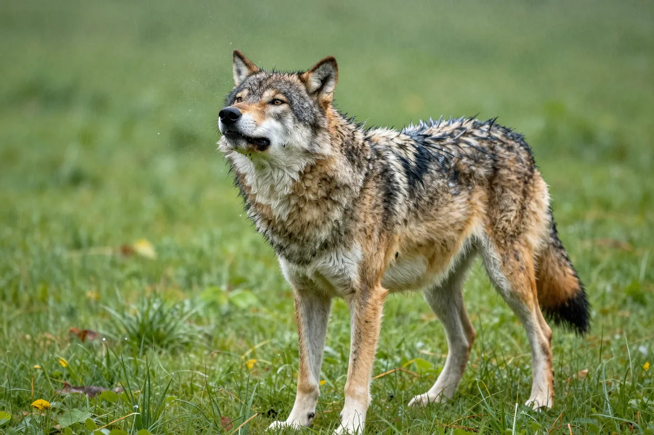 A wet gray wolf stands in a green grassy meadow with airborne water droplets from shaking rain from its fur.