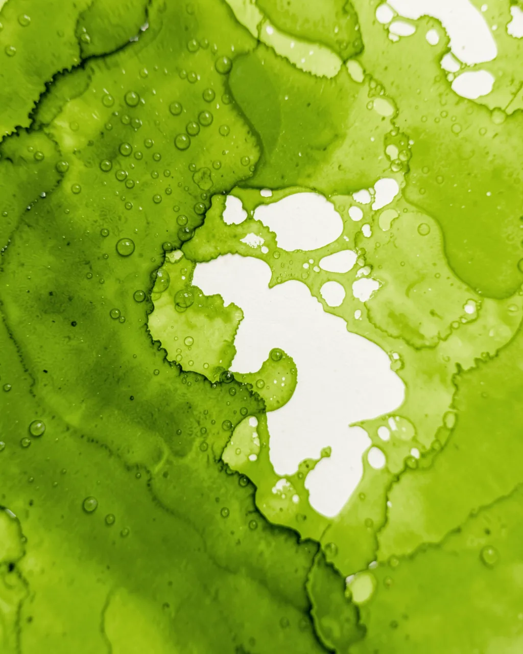 Close-up of wet moss and lime green alcohol ink with lacy white gaps and small droplets on paper