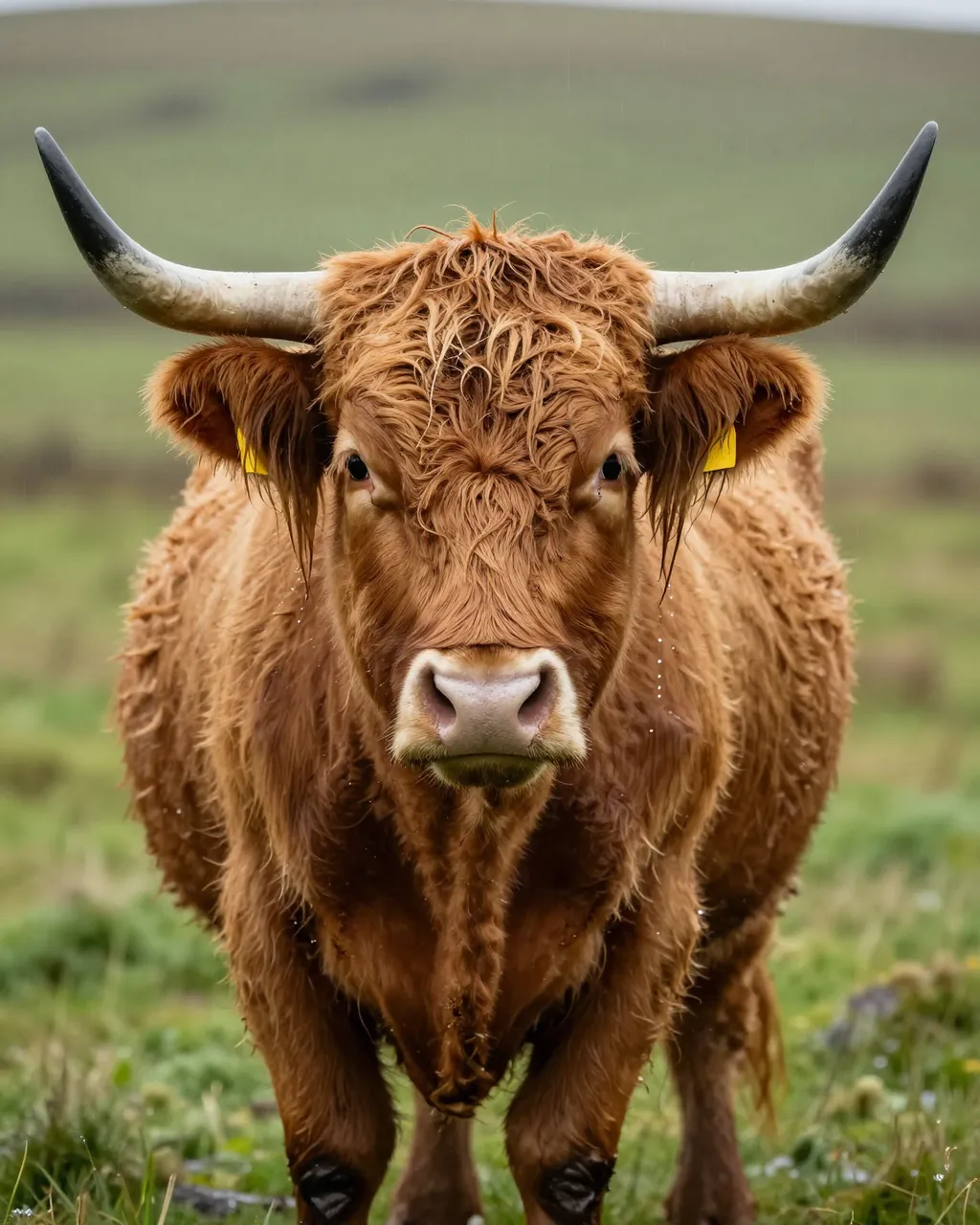 A wet ginger highland cow stands facing the camera on a rainy green moor