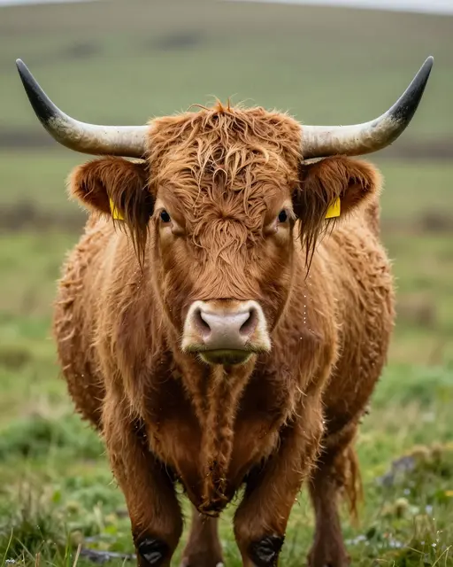 A wet ginger highland cow stands facing the camera on a rainy green moor