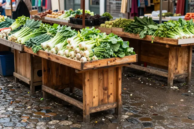 Wooden market stalls piled with fresh produce sit on glistening wet cobblestones after rain